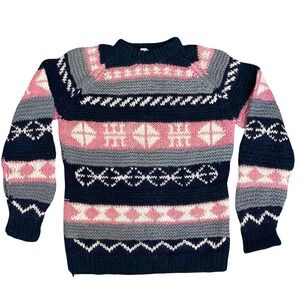 Vintage Handmade Nepal Wool Sweater L Pink Gray Blue Fair Isle Chunky‎ Knit